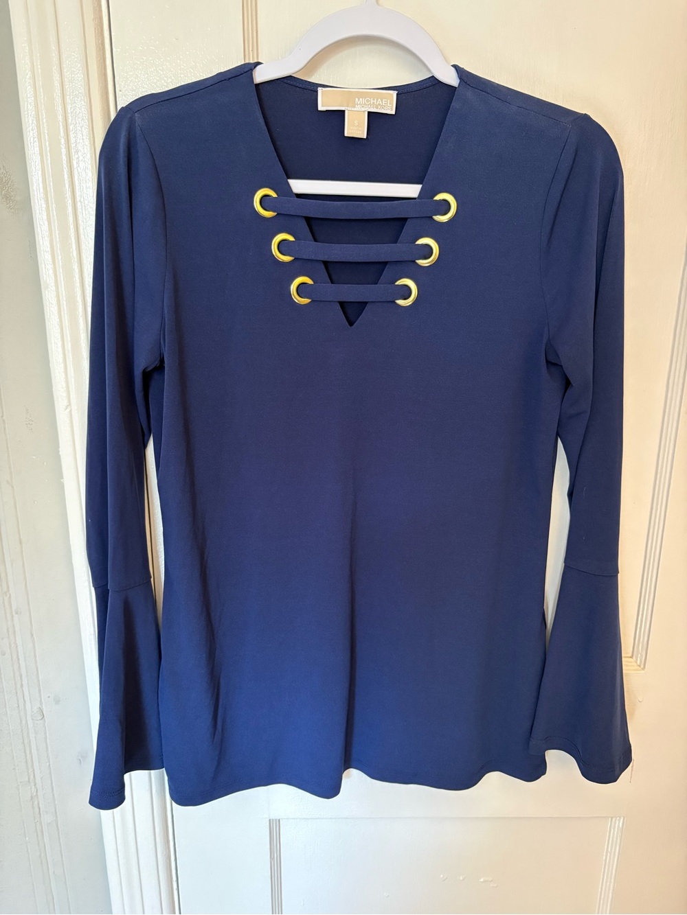 Michael Kors Navy Long Sleeve Lace-Up Top with Gold Grommets